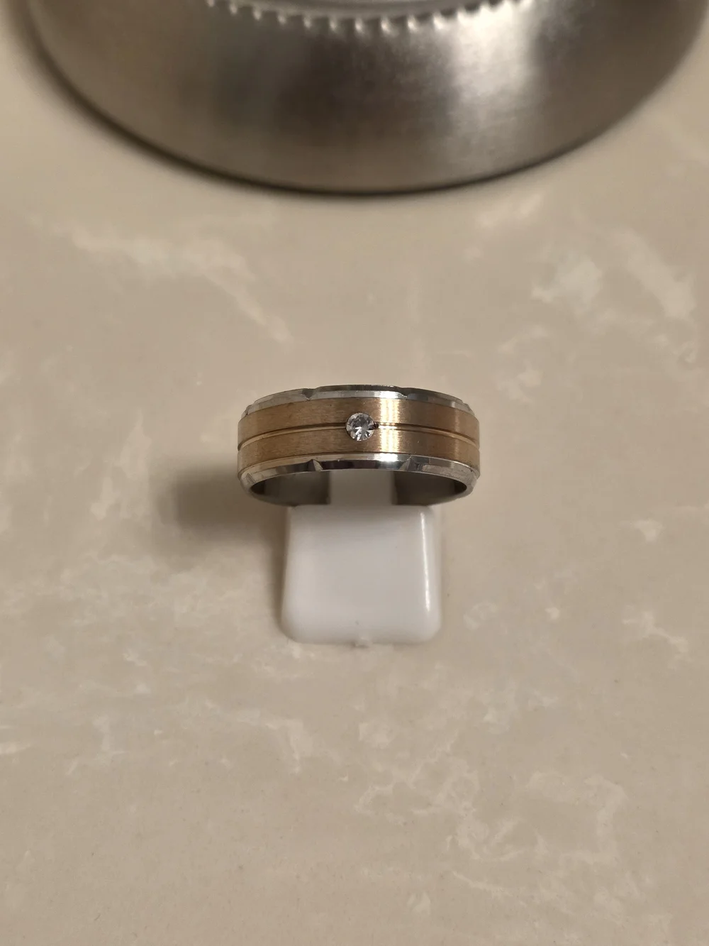 Two-Tone Stainless Steel and Copper-Tone Men’s Band with Center Stone